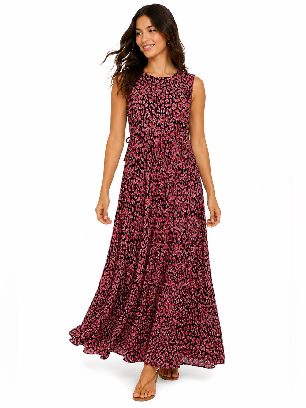 Vintage burgundy Leopard Print Maxi Dress Boho Resort Coastal Grandmother L
